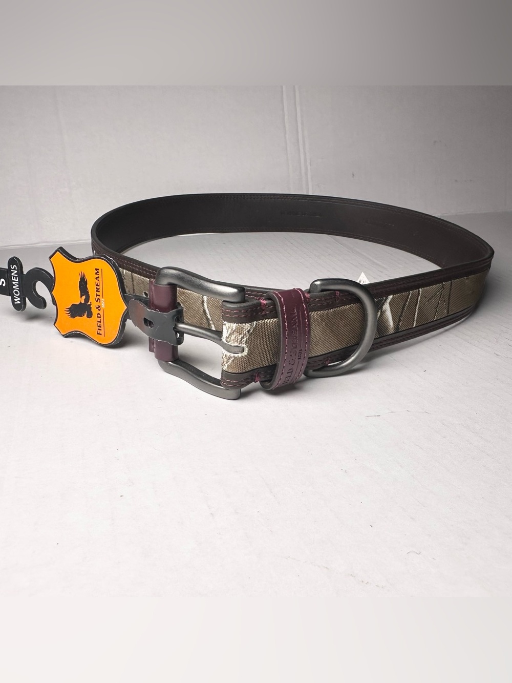 Field & Stream Rugged Hunting Women’s Belt Brown Leather Canvas Camo Sz S-36.25”